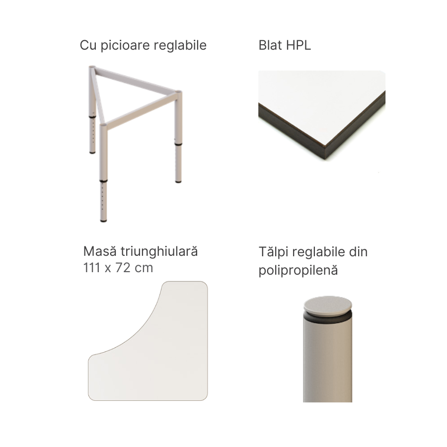 Masă triunghiulară modulară si colaborativă Esco Flexus Triangle Table pentru clasele I-XII