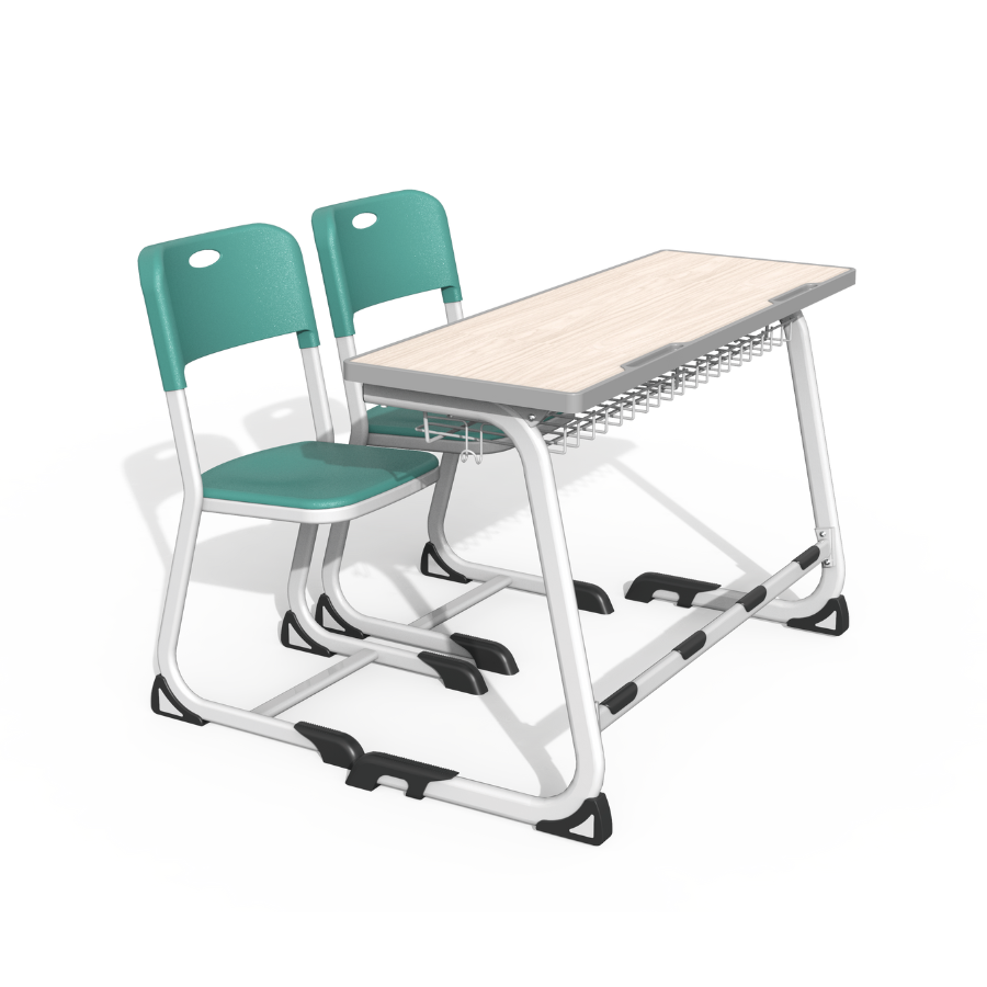 Bancă școlară dublă ergonomică iStudy White pentru elevi, clasele VII–XII, blat fag deschis