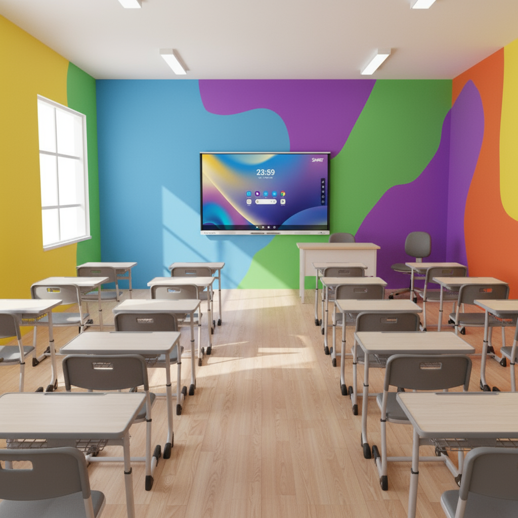 Classroom with desks facing SMART Board