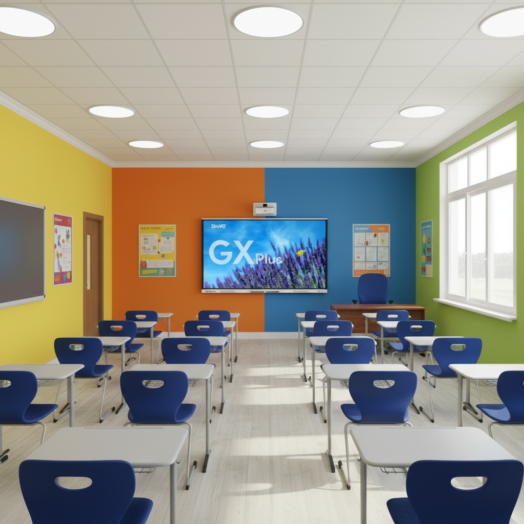 Complete modern classroom with student desks, teacher's desk, and SMART Board GX Plus