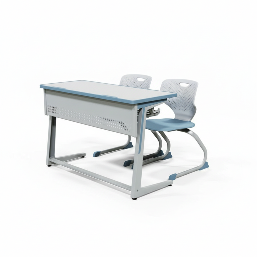 Double student desk with two chairs on white background