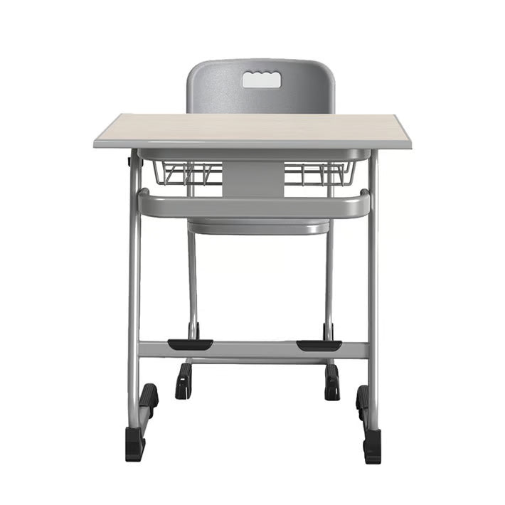 Bancă școlară ergonomică iStudy Grey pentru elevi, clasele V–VIII, blat fag deschis