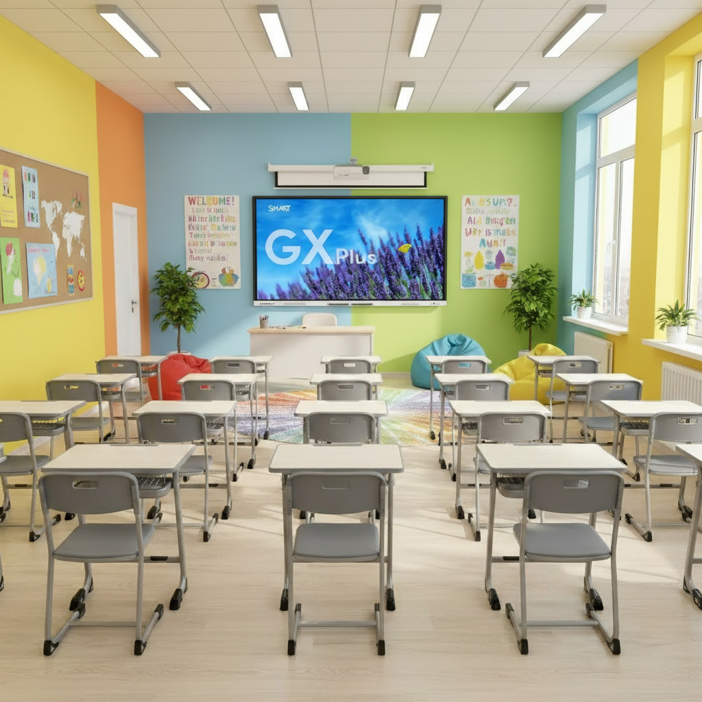 Modern classroom with 30 student desks and SMART Board GX Plus