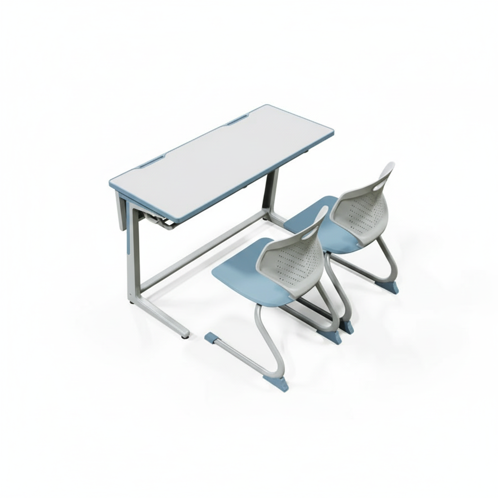 Student desk with two ergonomic chairs on white background